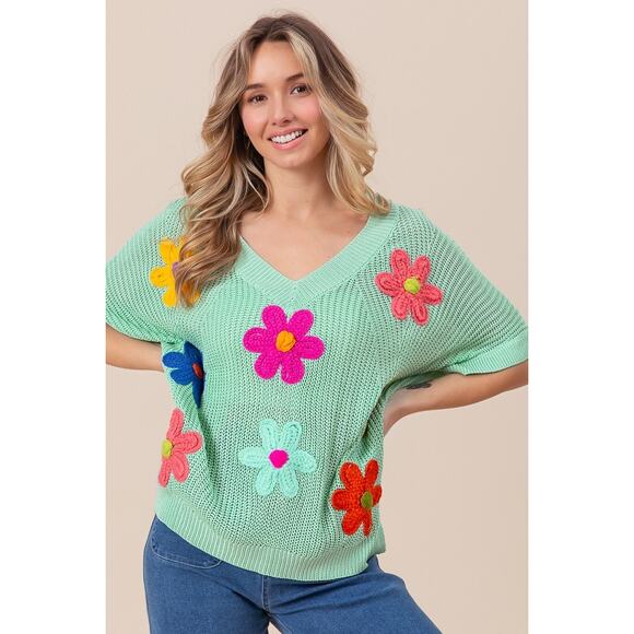 BiBi Flower Patches Dolman Sleeves V-Neck Lightweight Relaxed Fit Sweater | Sage - Picture 3 of 8